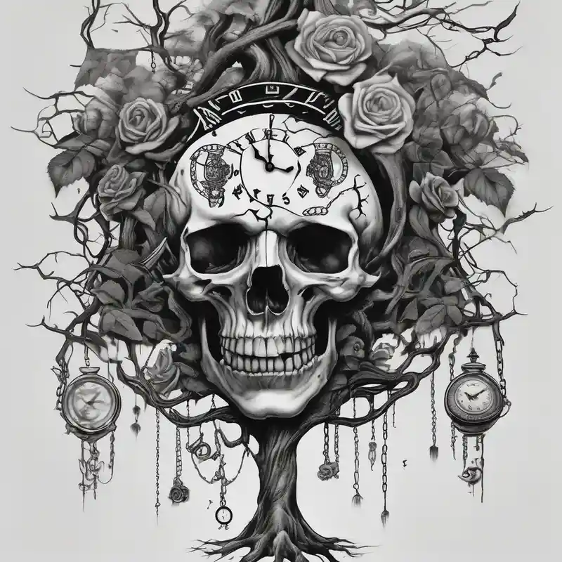 tattoo fool sleeve, tree roots break out of the chains, broken mask, clock with flying numbers, girl, skull, roses glitter – Surrealista, Blanco y negro